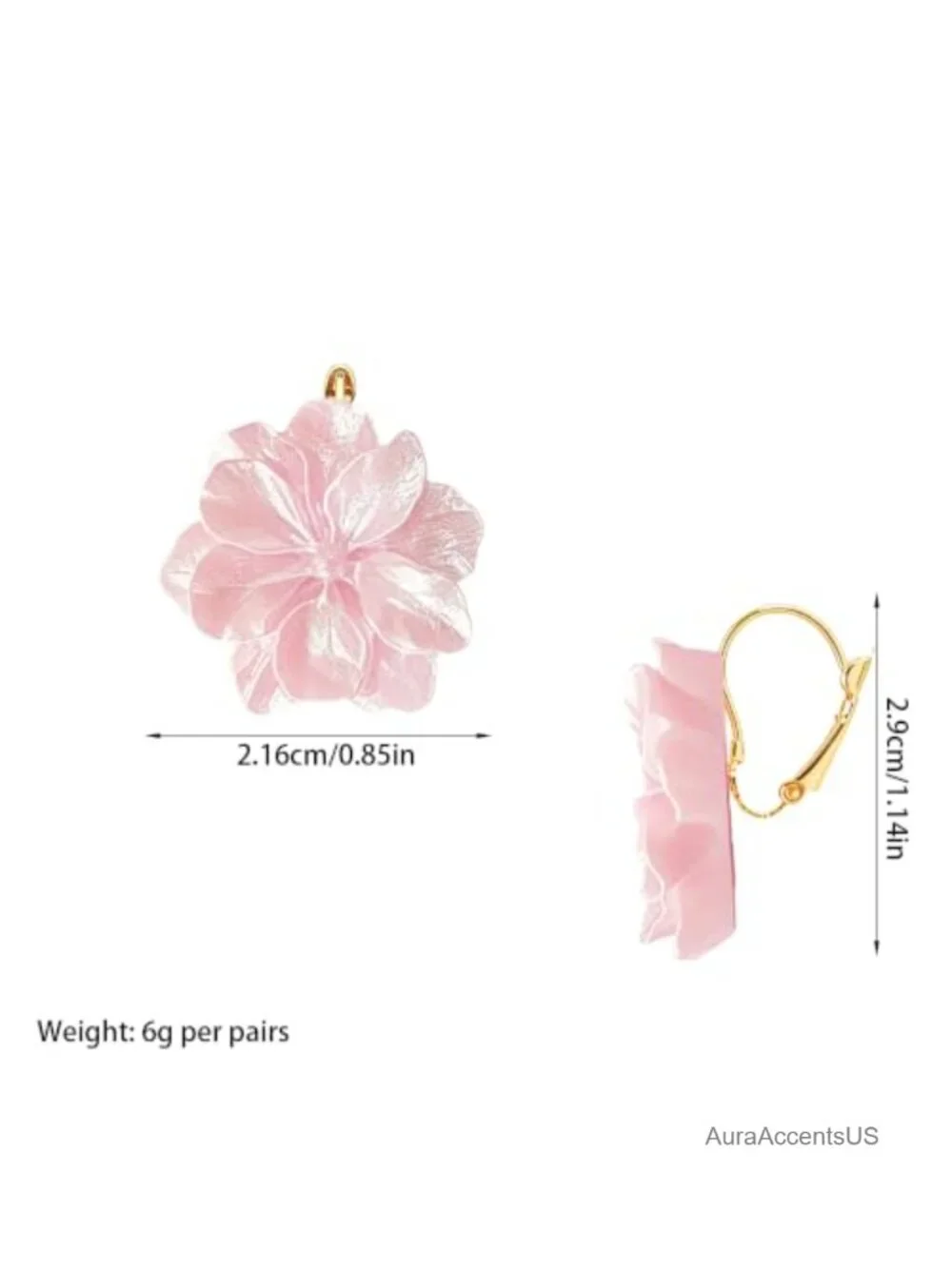 Handmade 3D Camellia Flower Leverback Earrings Gold Plated Resin Dangle